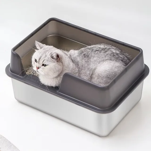 High-Fence Open Cat Litter Box Extra Large Anti-Splash Semi-Enclosed Cat Toilet Deepened Design Made Stainless Steel Plastic