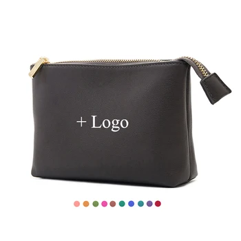 custom logo classic simple travel zipper pouch promotional gifts beauty makeup storage clutch small pu leather cosmetic bag