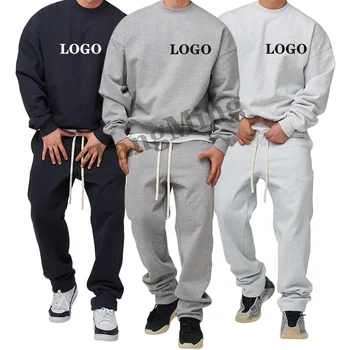 High quality custom men's suits pure cotton crew neck sweater casual pants 2 pieces Men Sets