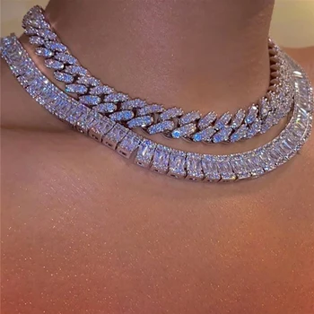 POP jewelry Hiphop Punk Fashionable Cuban Link Chain Iced Out Bling Bling Micro-set Diamond Rhinestone Gold Plated Necklace