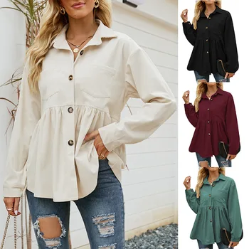 2022 women's autumn and winter new casual loose pleated corduroy shirt long-sleeved jacket lapel women's jacket