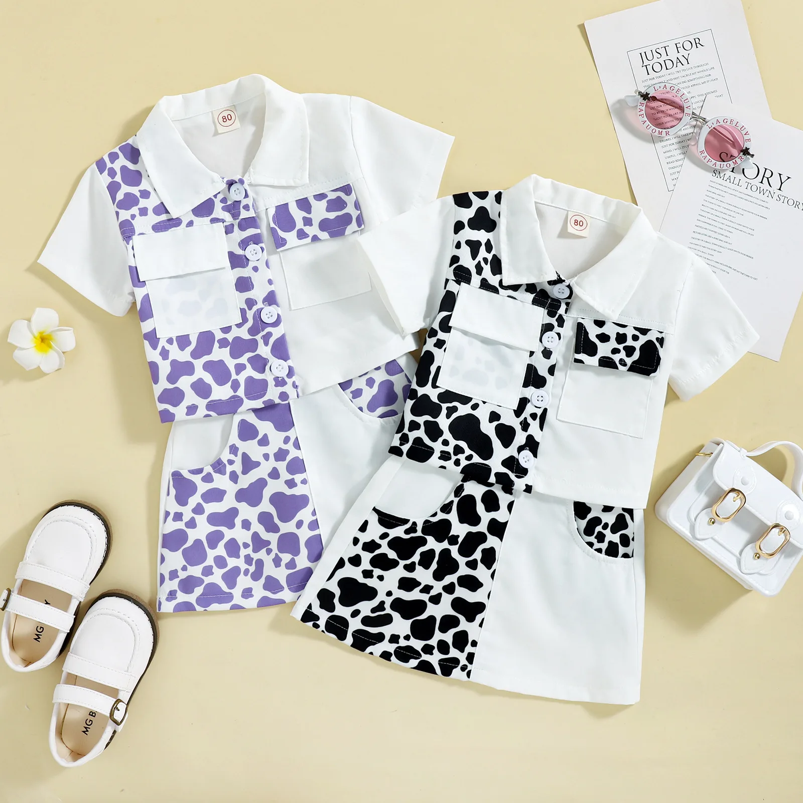 Summer fashion kids girls clothes sets crown leopard printed single breasted shirts tops+A-line skirts children suits