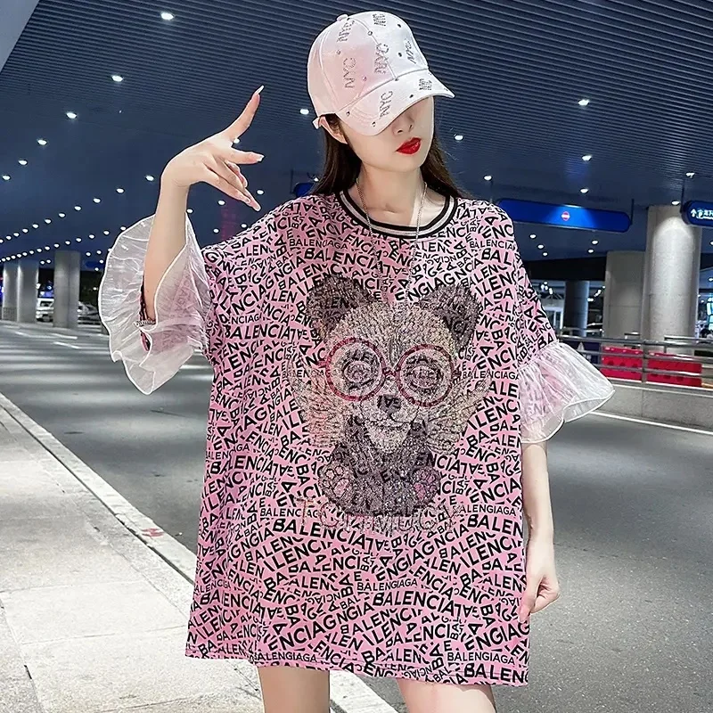 2024 summer new o-neck tops hip-hop street wear short sleeve blouse print women casual T-shirt