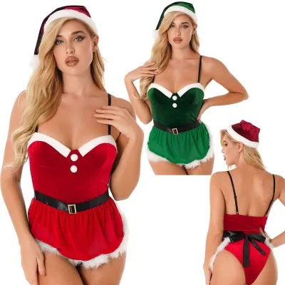Women Sexy Lingerie Adjustable Velvet Christmas Bodysuits