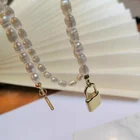 Pearl Beads High Quality 14K Gold Plated Stainless Steel Pearl Beads Lock Pendant Necklace P203140