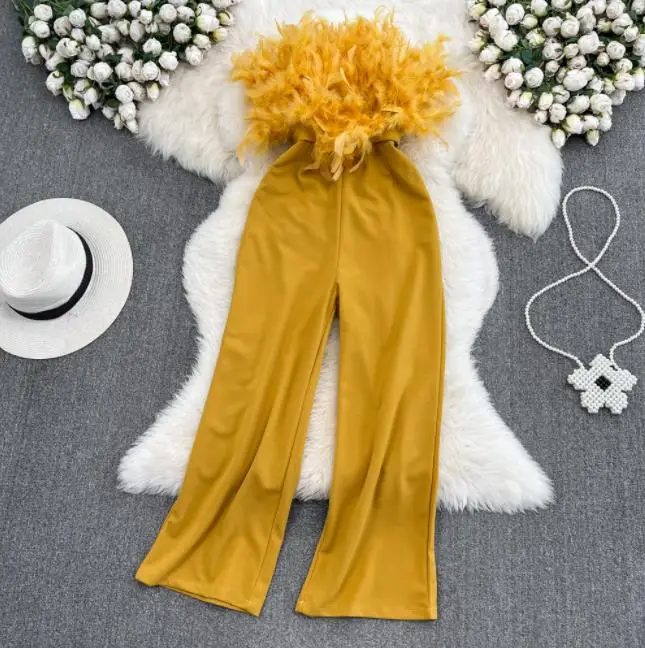 Luxury Feather Tassel Tube Top Jumpsuit Women High Waist Slimming