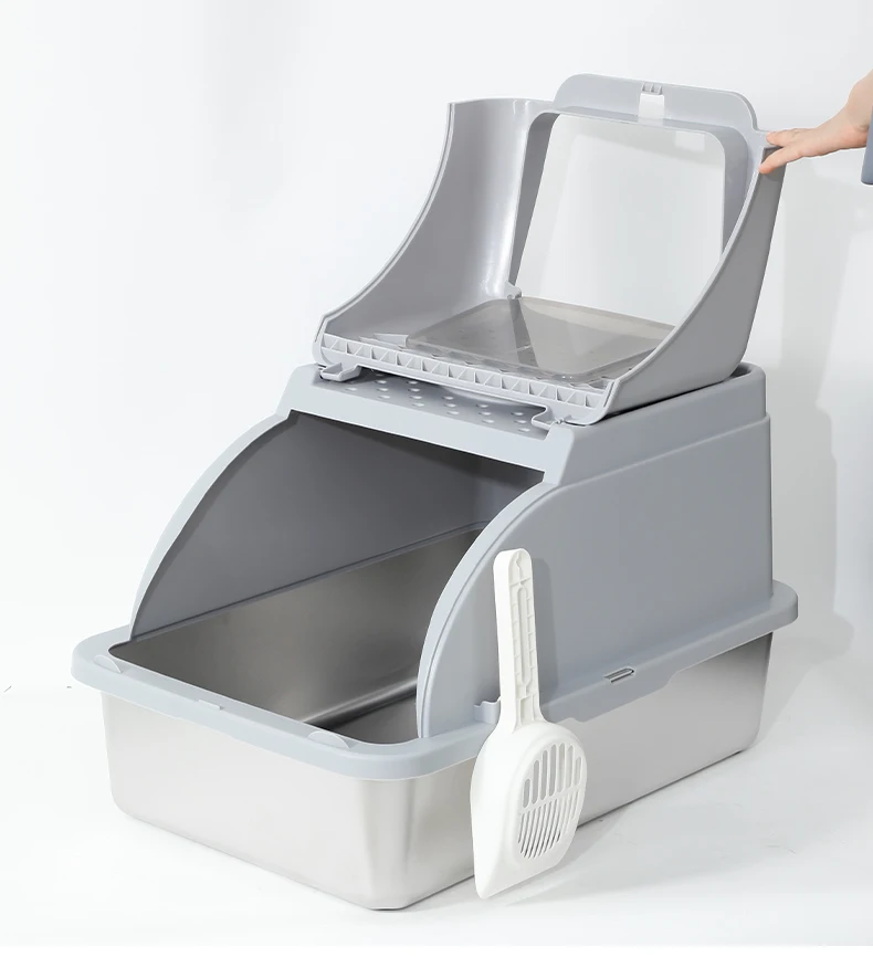 New Super Large Space Stainless Steel Cat Litter Box Fully Enclosed Open 2-in-1 High Fence Cat Litter Box Pet Products factory