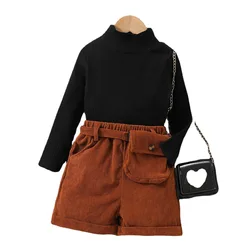 2022 autumn winter girls clothes set children black knitted shirt corduroy shorts waist bag 3pcs outfits kids clothes
