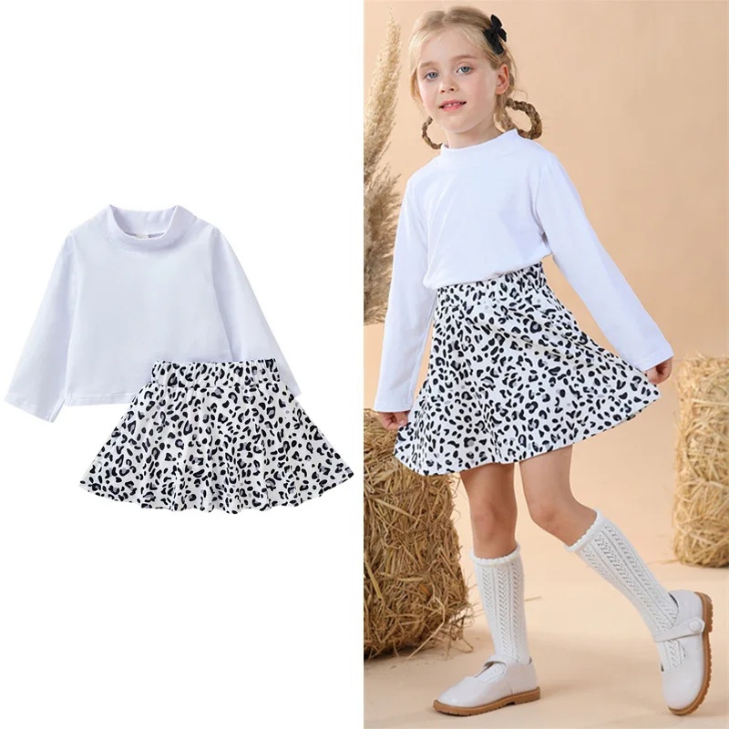 2022 new arrival autumn toddler girls clothes sweet toddler solid shirts+leopard skirts boutique clothing sets 1-6 year