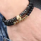 Pave Set Bestone Punk 2Pcs/Set 8mm Matte Black Stone Micro Pave CZ Skull Elastic Men Bracelet Set
