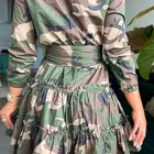 Long Skirt Women's Long Sleeve Round Neck Camouflage Printed A-line Skirt Middle Skirt Cake Dress