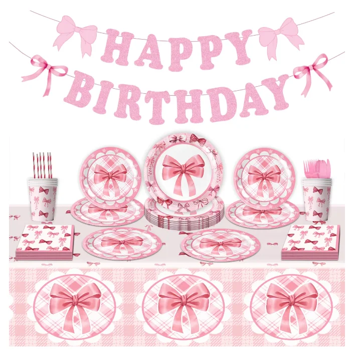 Pink Bow Theme Birthday Party Tableware Set Girls Favor Party Decorations Disposable Paper Plates And Cups