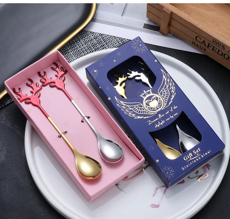 stainless steel 304 2 piece set gift box gold creative styling metal dessert spoons coffee tea spoon set