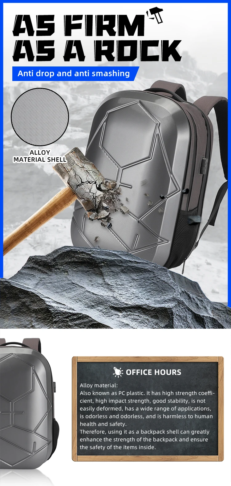 Outdoor Activities Water Resistant USB Charging Backpack Hard Shell Large Luggage Back Pack