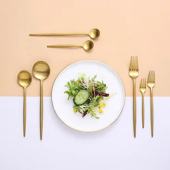 Hot selling stainless steel 304 matte gold flatware hotel luxury dinnerware spoon and fork silverware for wedding cutlery set