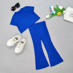 Summer toddler kids girls casual clothes solid knitted short sleeve t-shirts+long pants children girls outfits set