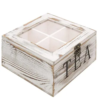 Wooden Gift Tea Bags Box Design With Clear Hinged Lid 6 Compartments Tea Bag Organizer