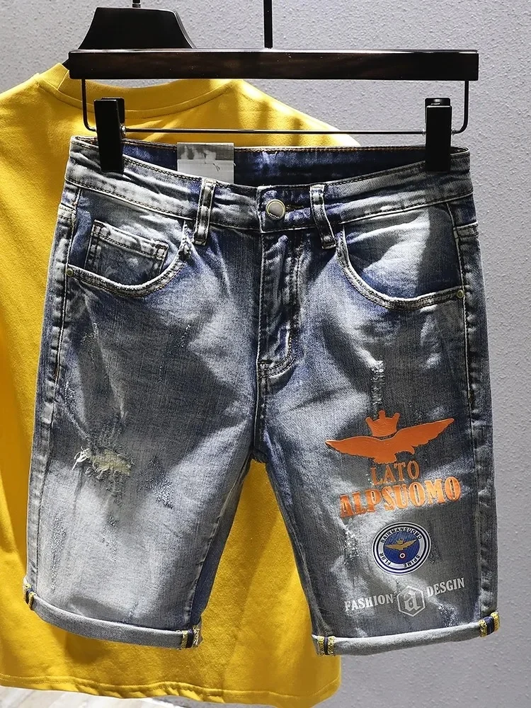 High quality jeans shorts Men's summer stretch denim pants boys short pants Young jeans fit skinny breathable Five trousers