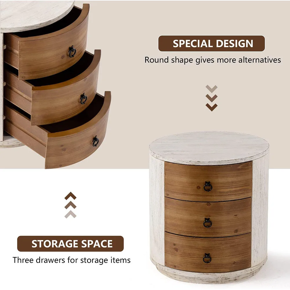 20-Inch MDF Round Storage Cabinet Modern Nightstand Wood Bedside Table Drawers for Bedroom & Living Room factory