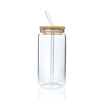 In stock high borosilicate glass  can shape glass cup with bamboo lid and glass straw for drinking