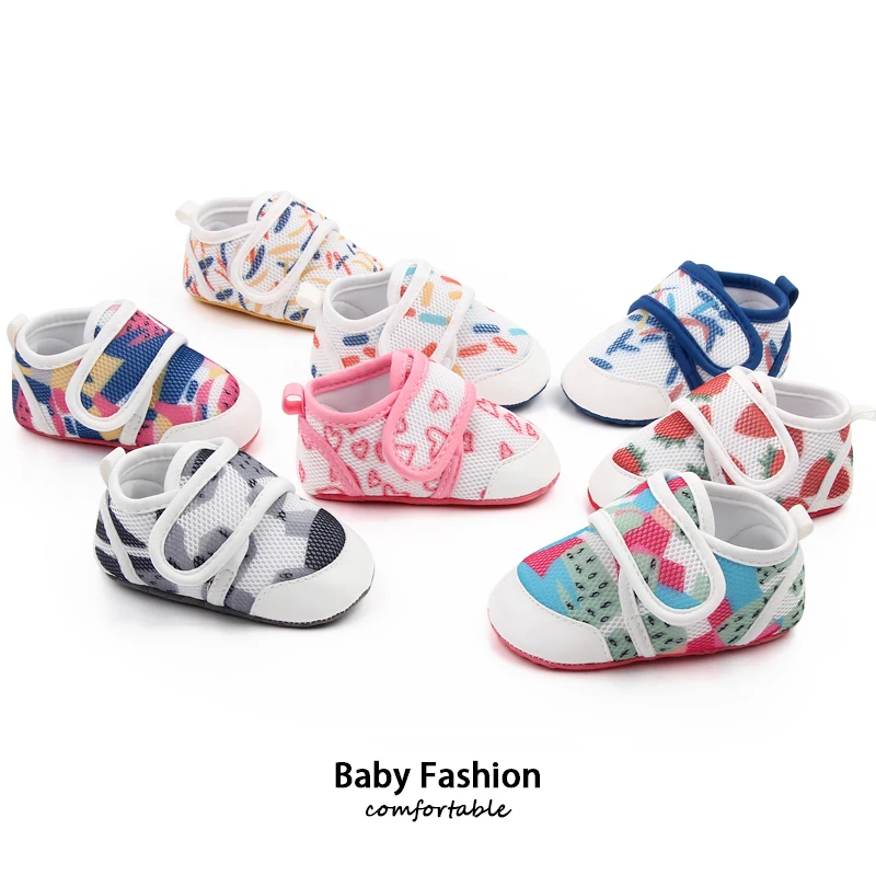 PU Leather Toe Mesh Breathable Cartoon Printed Baby Girls and Boys Soft Soled Toddler Shoes factory