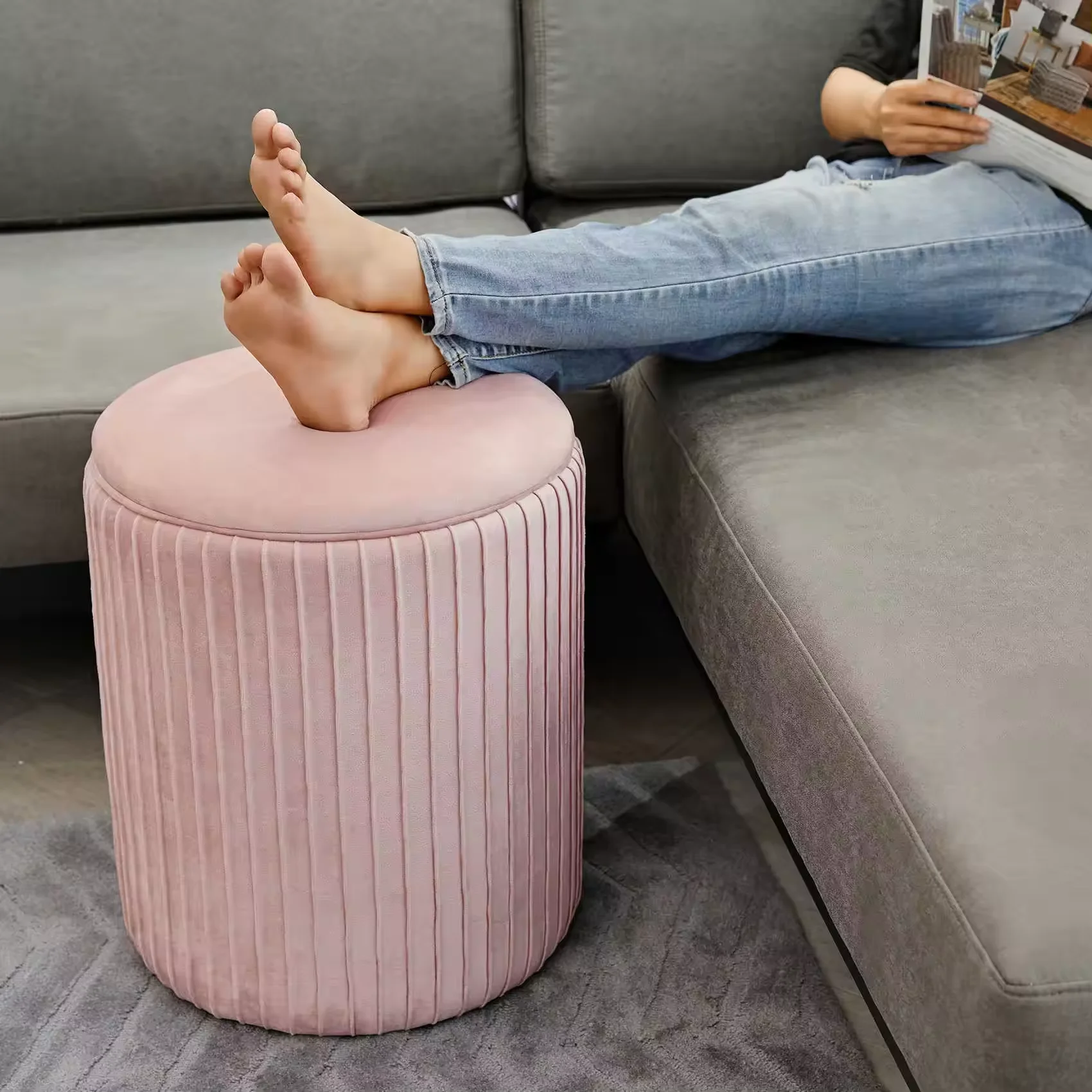 lnexpensive VELVET+MDF+WOOD+FOAM Ottoman Dressing Round Stool Pink VelvetOttoman Chair Sitting Room