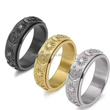 POYA Jewelry Anxiety Relief Star Moon Sun Fidget Spinner Rotatable Anxiety Ring Star Moon Sun Steel Stainless Steel Ring