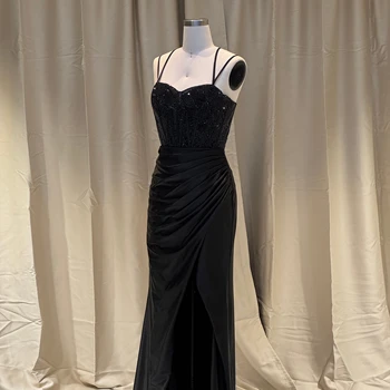 2025 Elegant Satin Mermaid Corset Side Split Evening Prom Dresses Black Beaded Long Sleeve Hand Pleated Cotton Fabric Summer