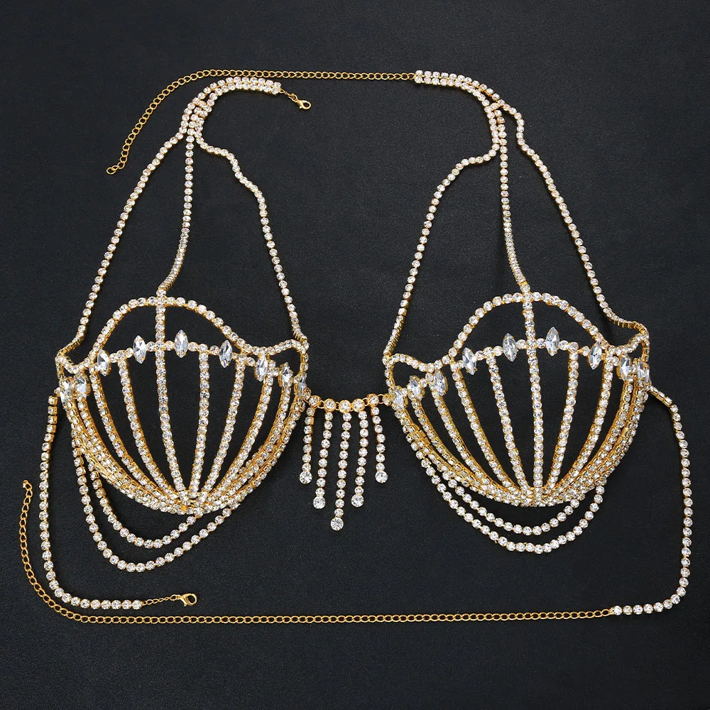 Crystal Shell Bra Body Chain Harness Rhinestone Bras Jewelry Lingerie