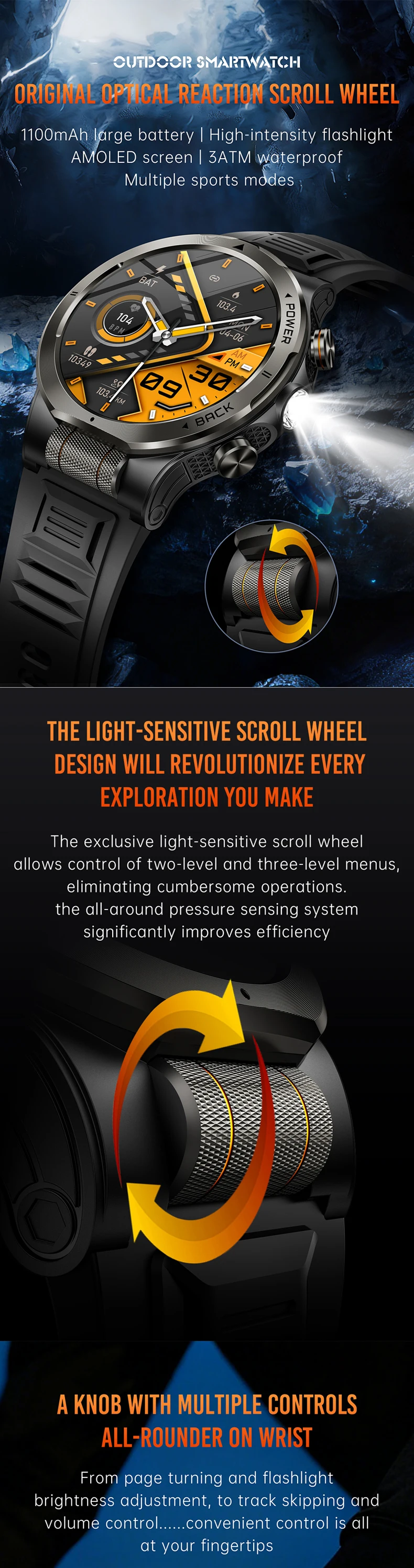 product kt91 smart watch 143inch amoled screen led flashlight 1100mah large battery health monitor 3atm waterproof sports watches-0