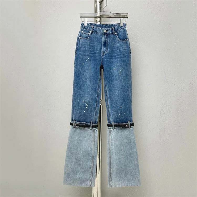 High Waist Blue Denim Printed Belted Wide Leg Jeans New Loose Women Trousers
