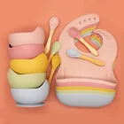 Baby Silicone Baby Feeding Set Customize Logo Baby Suction Bowl With Spoon And Fork And Bib Silicone Baby Feeding Set