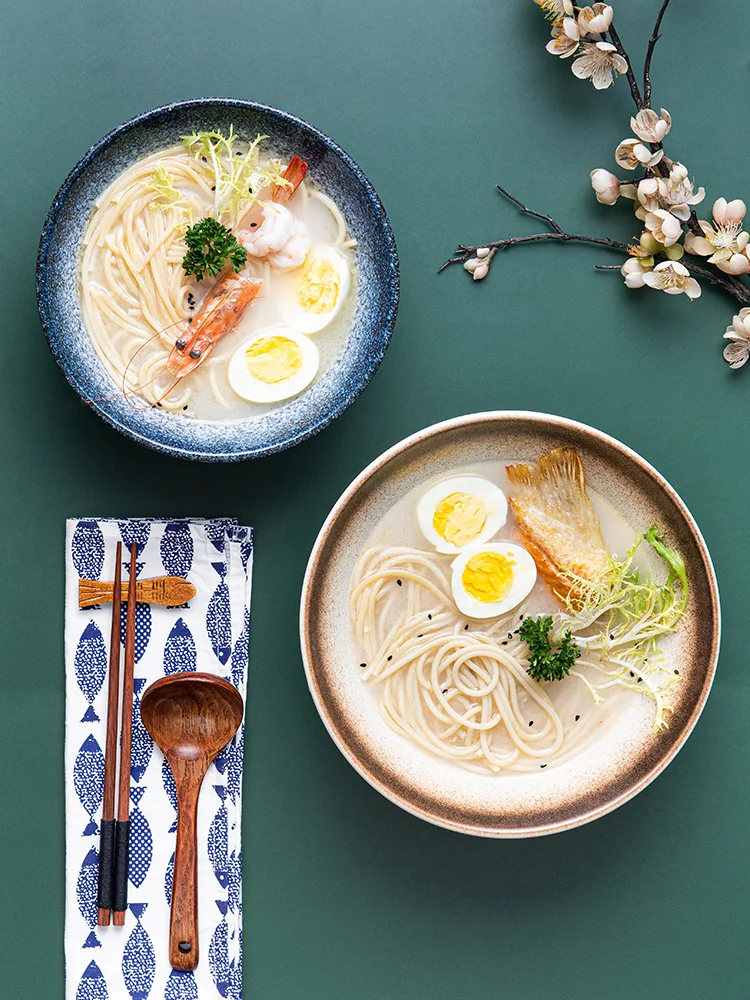 Ins Style Instant Noodle Ceramic Japanese Ramen Bowl Ceramic Bowl Tableware Set Bamboo Hat Household Soup Bowl supplier