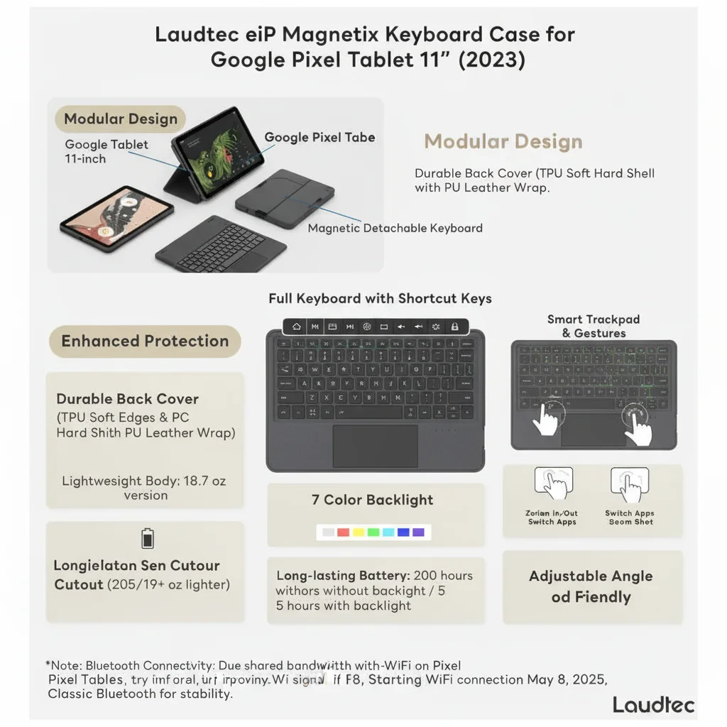 product magnetic keyboard case for google pixel tablet 11 inch adjustable angle detachable portable speaker dock backlight laudtec-9