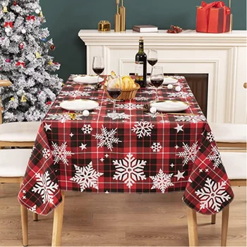 Christmas Rectangle Washable Vinyl Tablecloth, Waterproof Oil-Proof Stain Resistant Wipe-Clean PVC Table Cover for Dinner