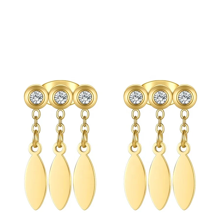 18K Gold Plated Stainless Steel Jewelry Zircon Ear Studs Sequin Tassel Drop Earrings E211294