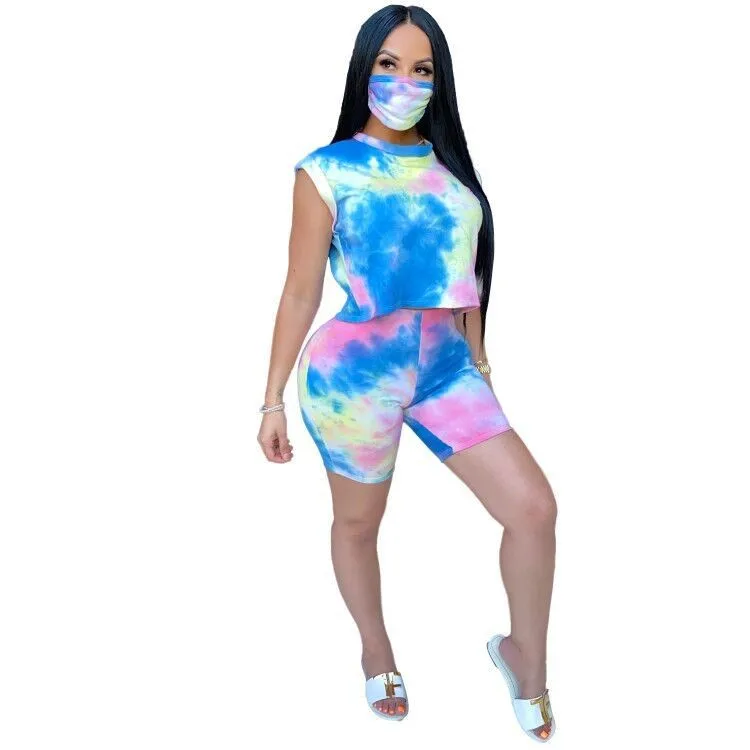 Shorts Set Two Piece Tracksuit Women Short Sleeves Tie Dye Casual Crop Top
