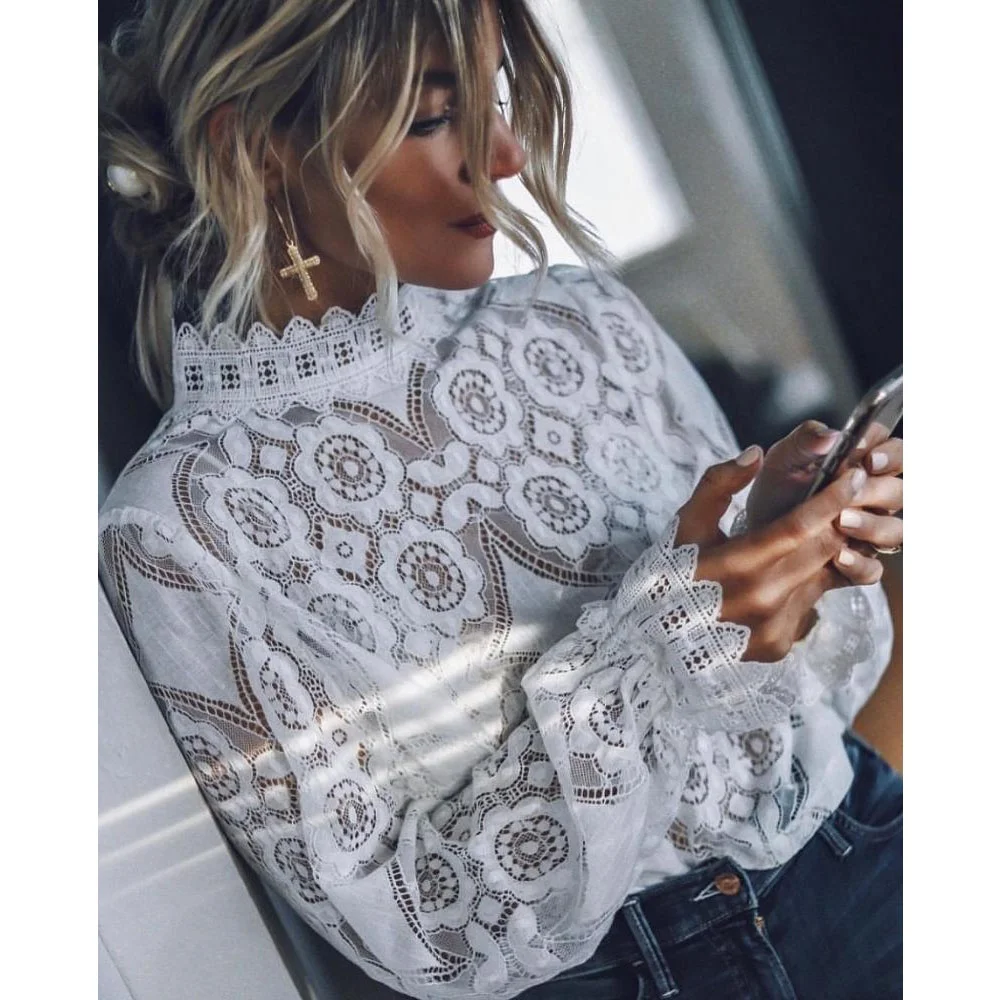 Women Lace Long Sleeve Black Top Tshirt 