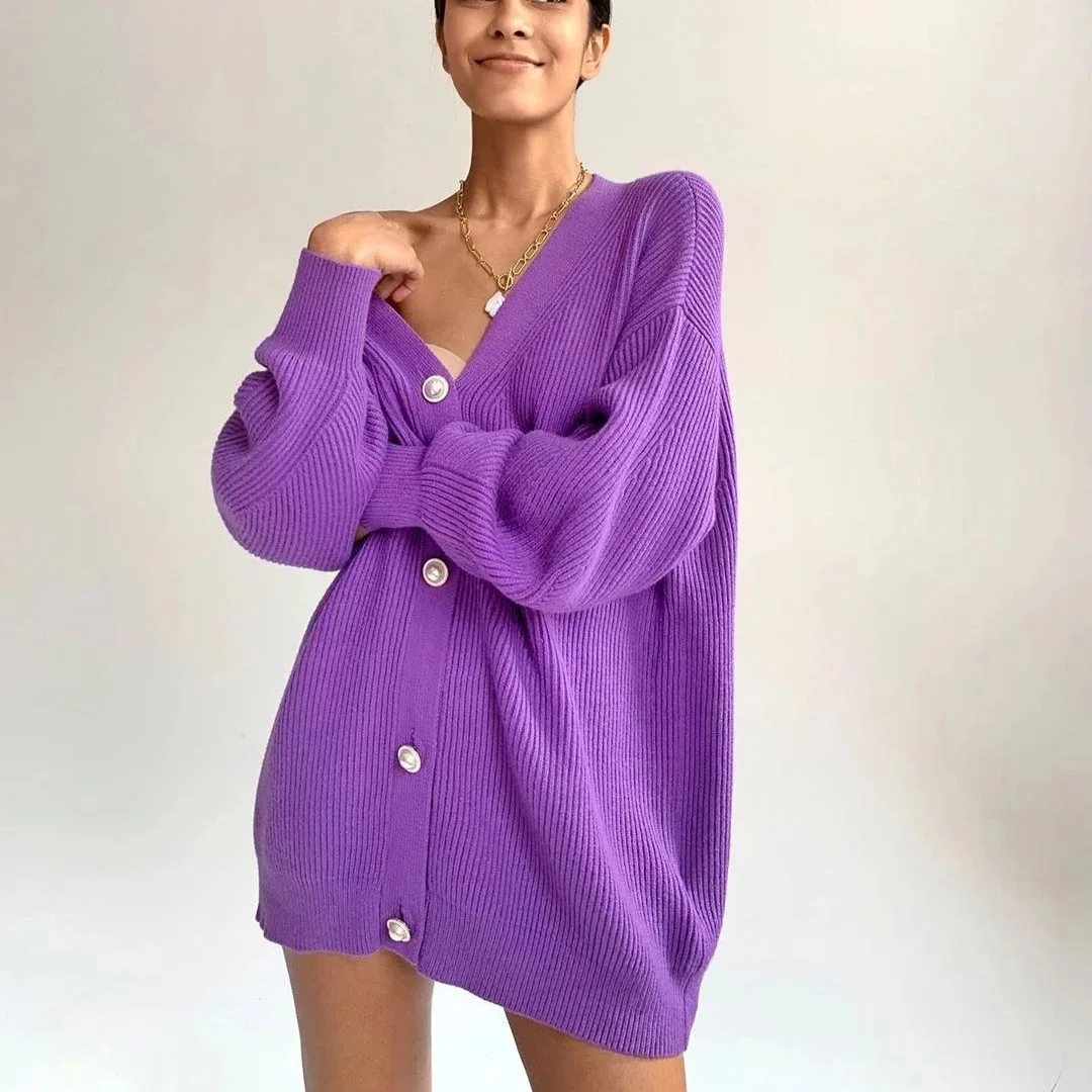 2021 Fall Fashion Knitwear Popular Candy Color v-Neck Long Lantern Sleeves Oversized Ladies Long Sweater Cardigan With Buttons