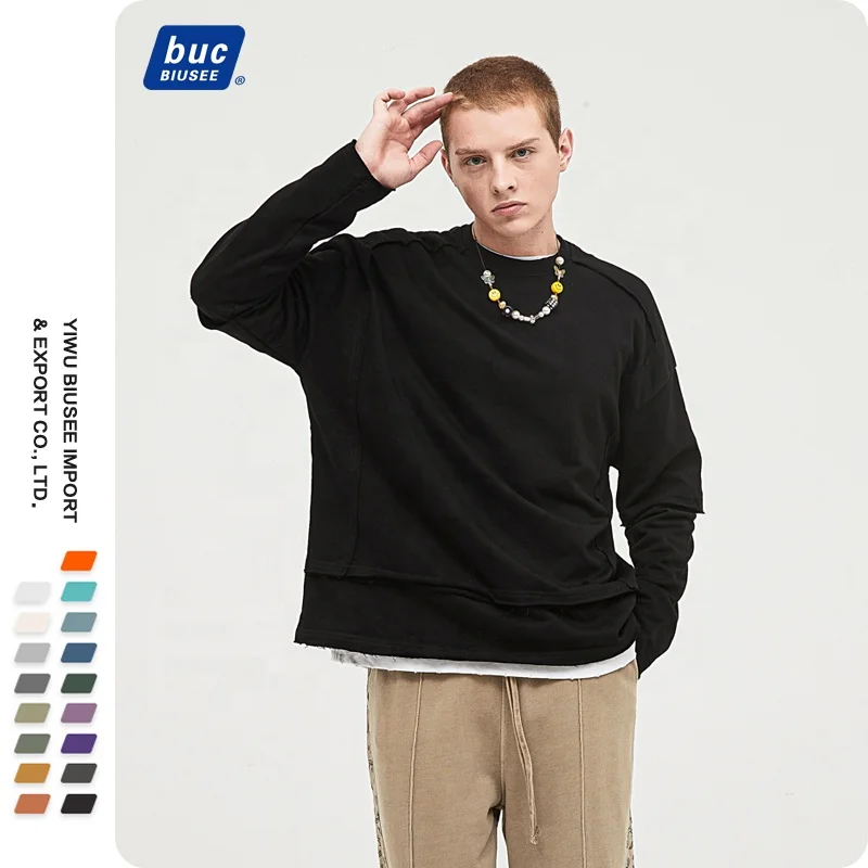 Mens Spring Autumn Solid Color Round Neck With High Quality 100% Cotton Long Sleeve T-shirt