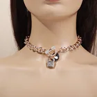 Gold Pendant Fashion Chunky Chain Gold Initial Diamond Pave Necklace With Lock Pendant For Women