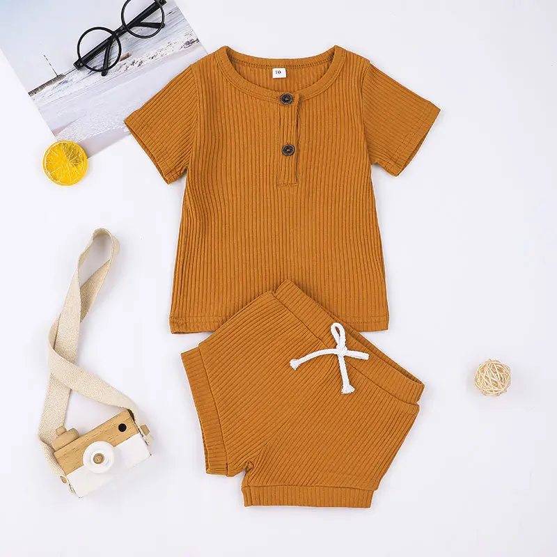 Baby shirts shorts outfits Suit soft knitted casual suit summer boutique kids solid striped boys girls baby clothing set