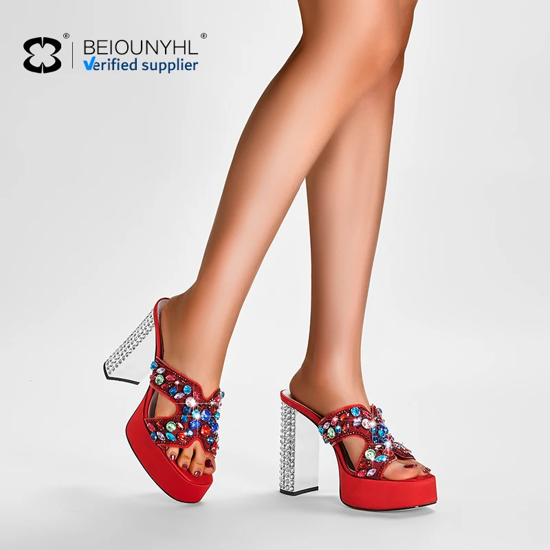2024 OEM Comfortable Big Rhinestone Heeled Sandals Custom Design High Quality Dress Shoes Crystal Thick Heel Platform Sandals