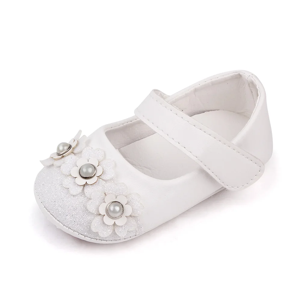 Solid Color PU Leather Glitter Pearl Flower Baby Girls Soft Soled Cute Princess Shoes details