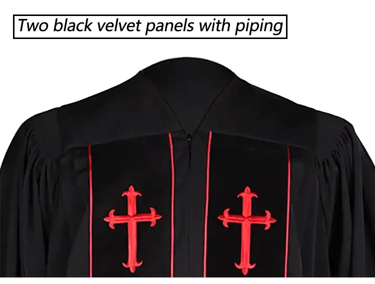 Wholesale Customized Black Piping and Handmade Fluting Matte Velvet Clergy Robes with Red Embroidered Cross supplier