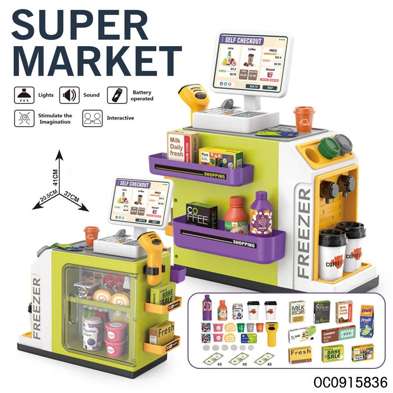 Supermarket toy store display miniature cash register pretend play shop selling toys with accessories