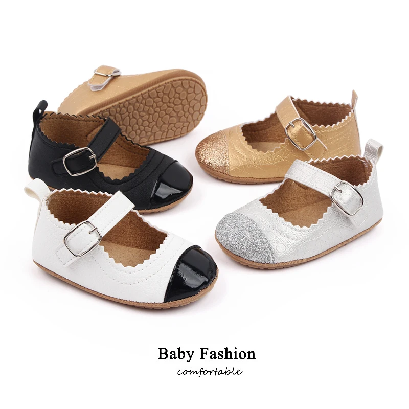 product shiny glitter pu leather matching color solid color wavy lace princess toddler shoes for baby girls-10