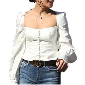 Square collar front button long sleeve slim stretch white denim shirt blouse woman