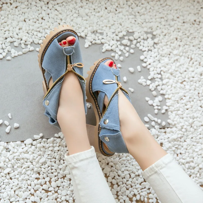 34-39 Summer New Thick Heel Sandals Thick soled hollow out sweet style high heeled sandals Fashion denim Heeled sandals|lace up