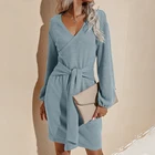 Winter Dress Winter Long-sleeved Short Skirt V-neck Tie Solid Color Casual Dress